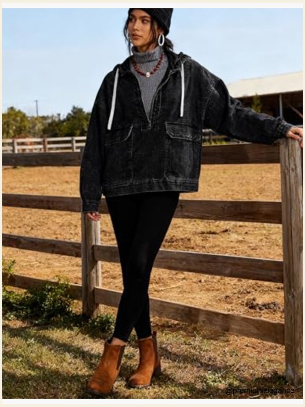 Oversized Denim Half Zip Pullover Hoodie Jean Jacket Top Sweatshirt with Pockets - Picture 3 of 4